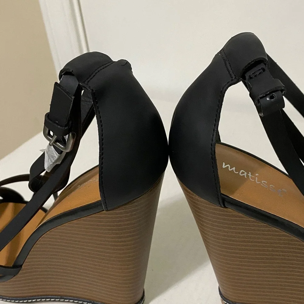 Matisse Joss Black Leather Strappy Platform Wedge Sandals Womens 9M Boho Chic